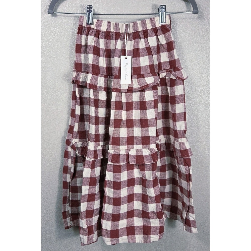 Rylee + Cru Burgundy Gingham Linen‎ Blend Tiered Skirt Girls 8/9 NWT